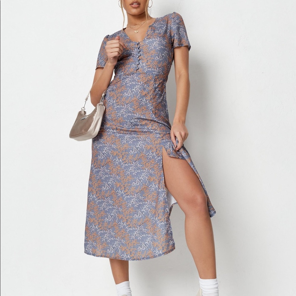 missguided Floral Half Button Midi Tea Dress